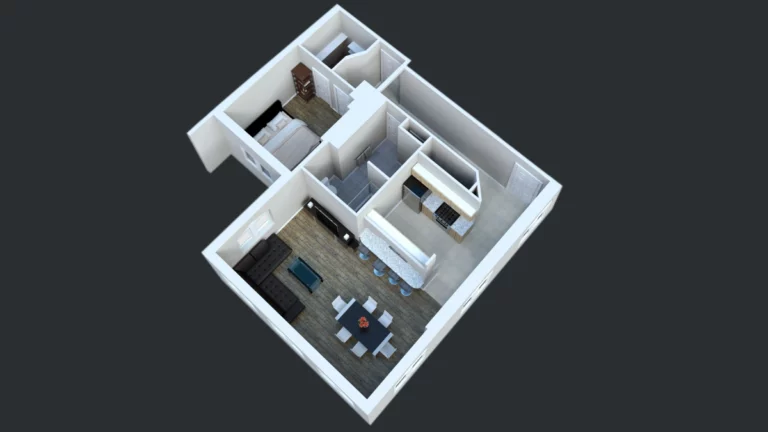 A 3D model showing a layout of a one bedroom apartment.