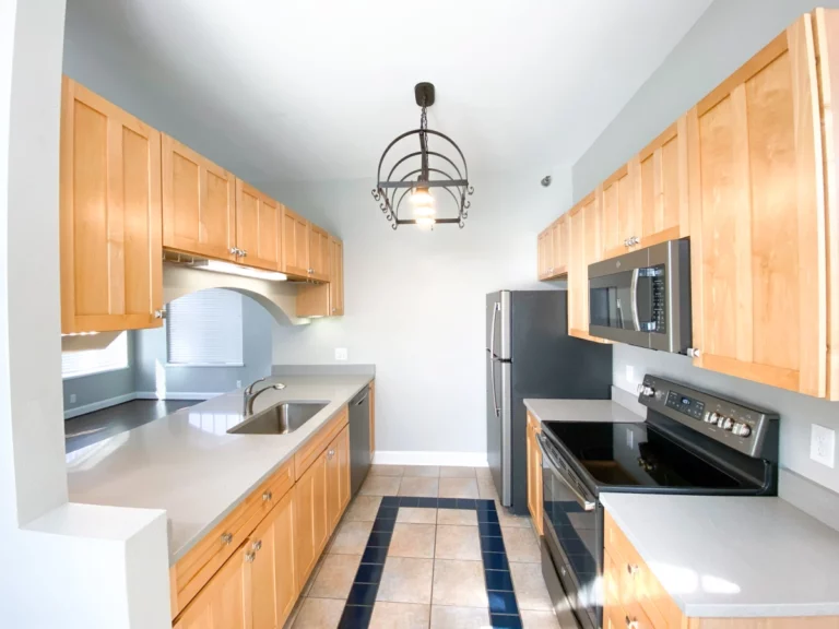 Photograph of kitchen with slate grey appliances and quartz countertops.